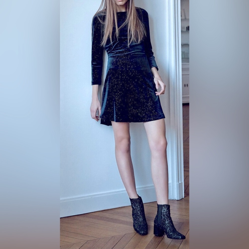 Zara Sparkle Velvet Skater Mini Dress Green Teal 3/4 Bow Sleeve Low Back Small